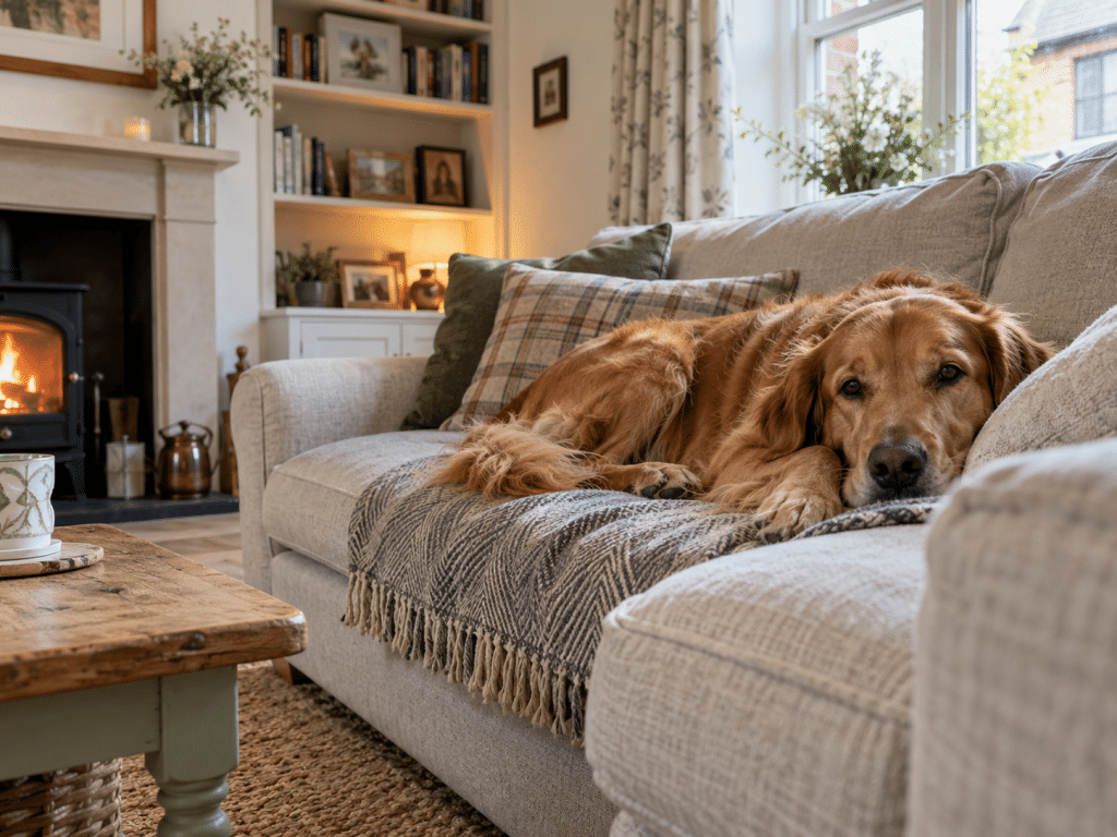 Golden Retriever lying comfortably on a cosy sofa in a warmly lit UK living room, with a wood-burning stove, soft furnishings and natural daylight coming through the window, highlighting pet fire safety in the home.