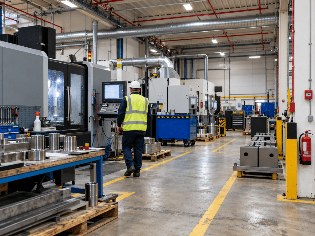 Modern UK manufacturing workshop featuring a worker wearing a high-visibility vest and hard hat, surrounded by industrial machinery, metalworking equipment and fire safety systems, illustrating fire risk management in industrial settings.
