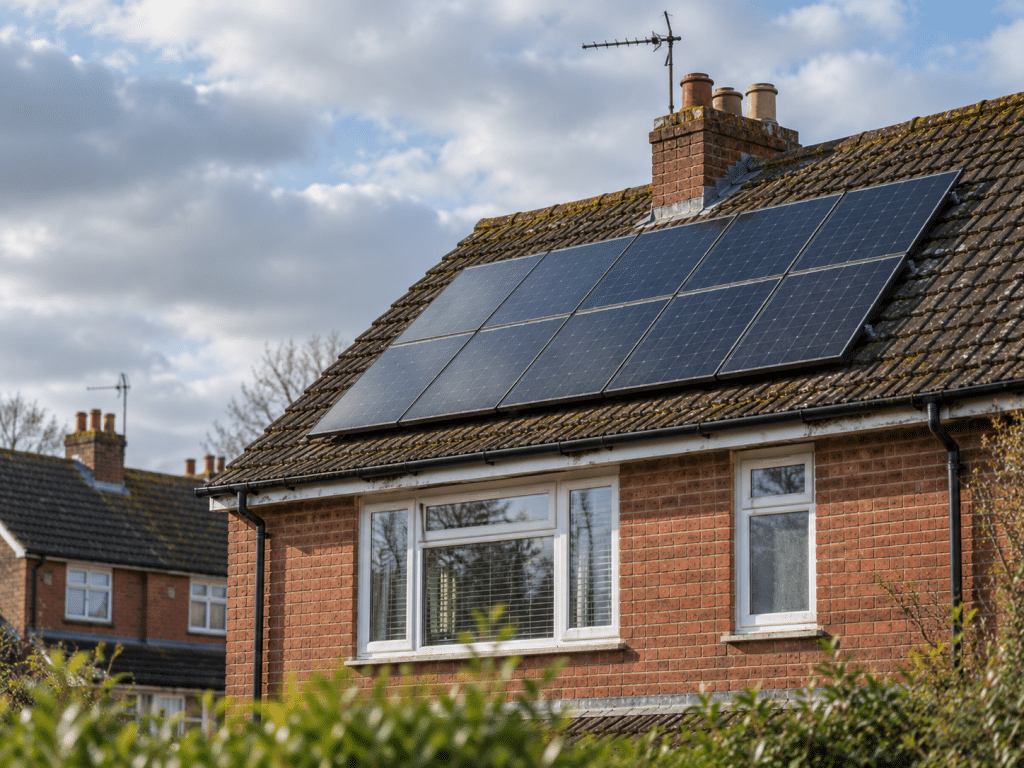 Solar panels installed on the weathered, moss-covered tiled roof of a traditional UK brick house, featuring a chimney, TV aerial and natural daylight, illustrating solar energy and fire safety considerations for residential properties.