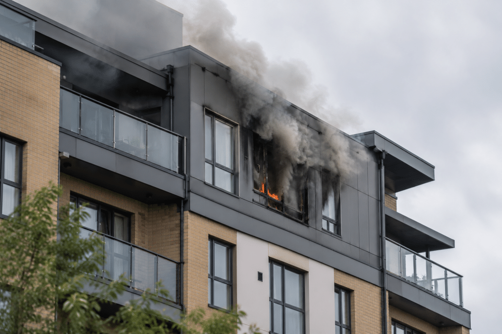 Modern UK apartment building with thick grey smoke and small flames emerging from an upper-floor window, showing blackened cladding, soot-stained walls and localised fire damage.