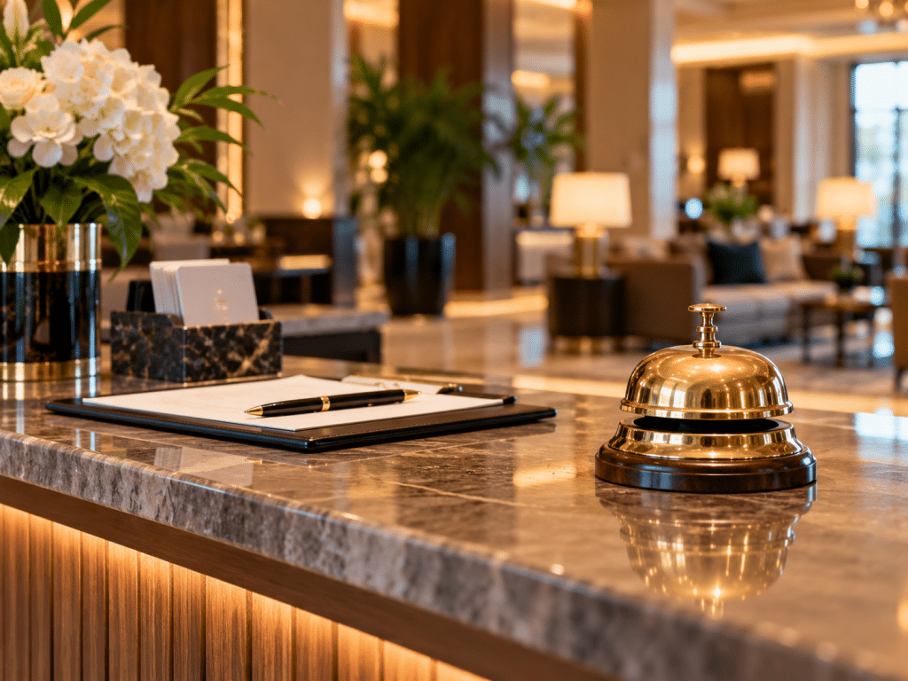 Close-up of an elegant hotel reception desk featuring a polished brass service bell, guest register and pen on a marble countertop, with floral arrangements and a warmly lit hotel lobby in the background.