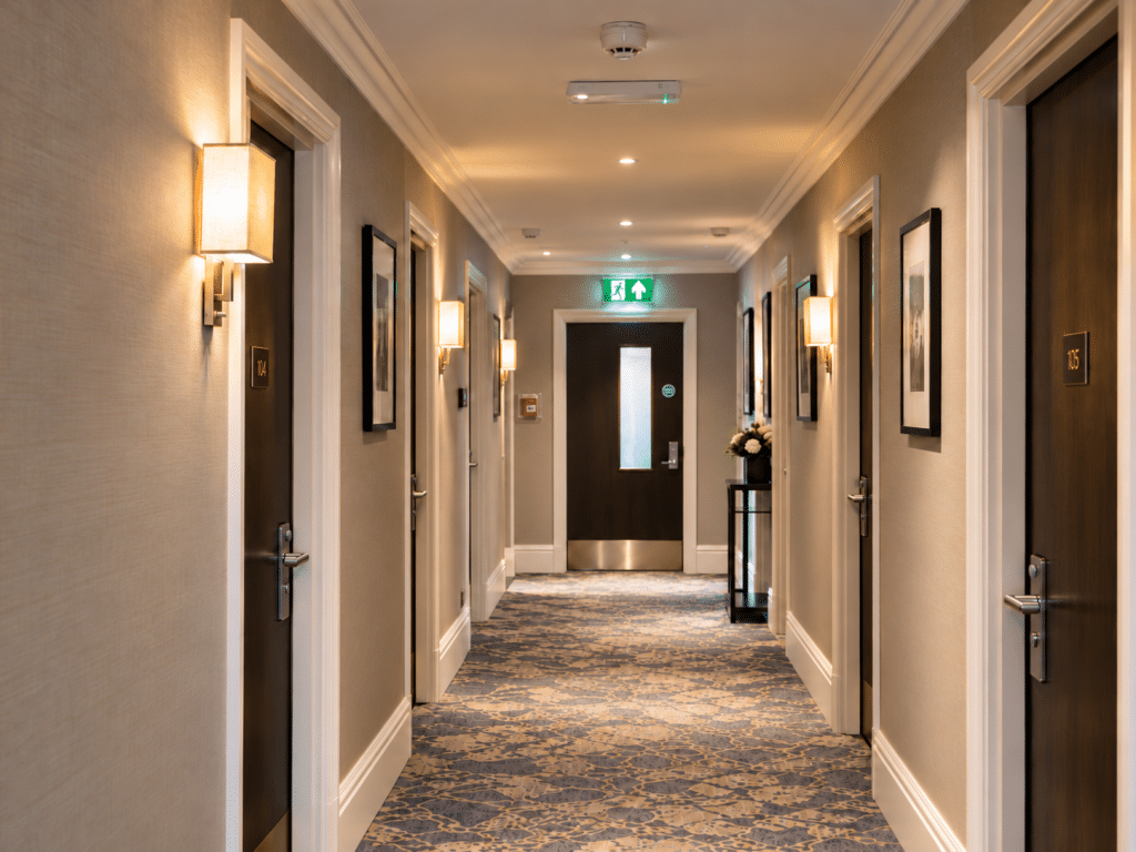Warmly lit hotel corridor with guest room doors, a wall-mounted fire alarm call point, ceiling-mounted smoke detectors and an illuminated fire exit sign, illustrating fire safety measures in hospitality buildings.
