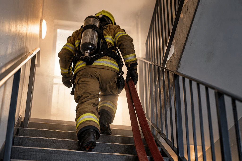 Firefighter wearing protective clothing, a helmet and breathing apparatus climbing a smoke-filled stairwell while carrying a fire hose, illustrating emergency response and fire safety in buildings.