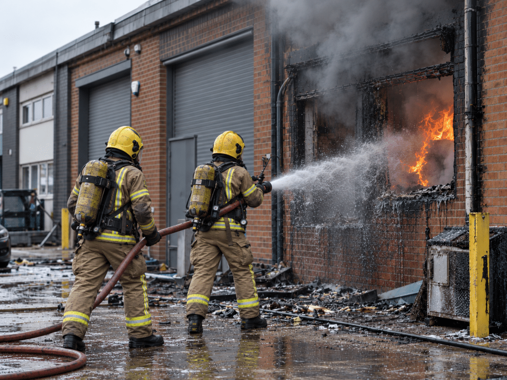 Two firefighters wearing protective clothing, helmets and breathing apparatus use a fire hose to tackle a blaze inside a UK industrial building, with flames, thick grey smoke, fire-damaged brickwork and wet ground.