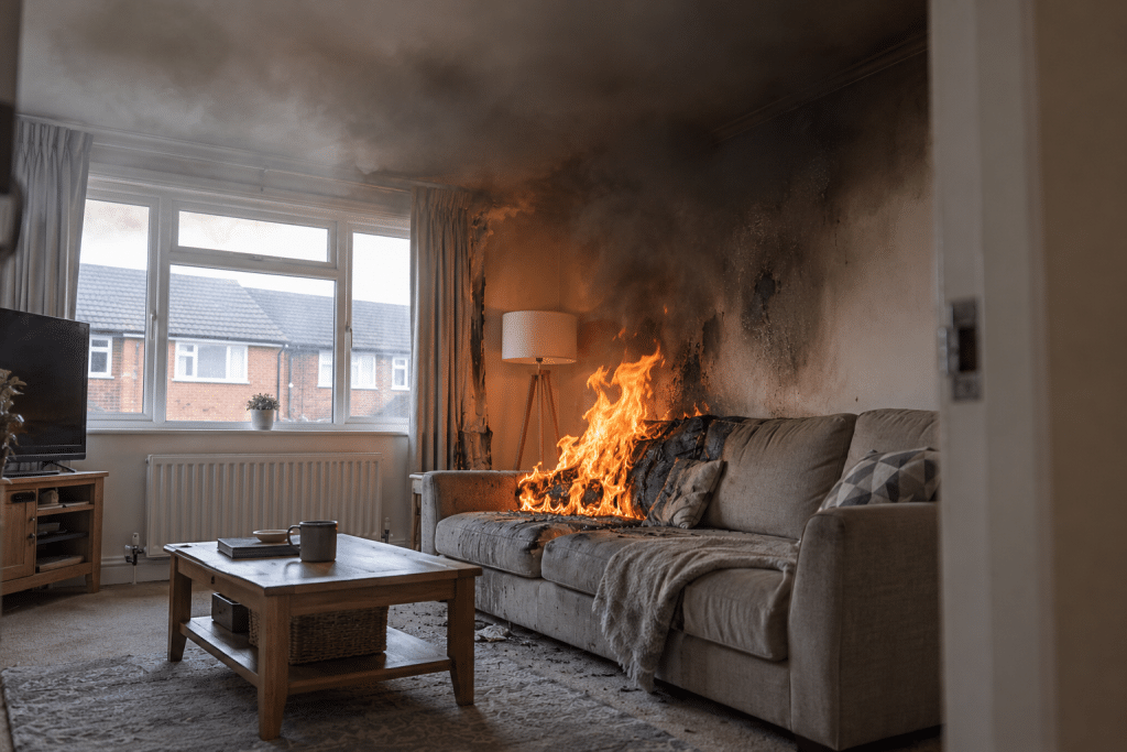 Realistic UK living room fire with flames spreading across a sofa, thick grey smoke gathering near the ceiling and soot staining on the wall