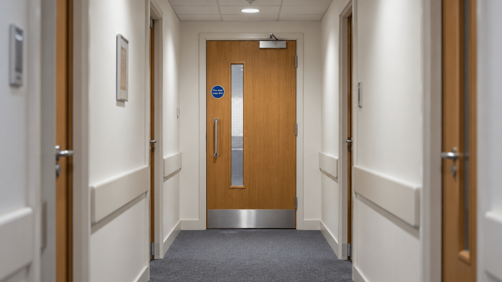 Straight, modern UK building corridor featuring a wooden fire door with a vision panel, overhead door closer, metal kick plate and blue ‘Fire door keep shut’ sign, illustrating fire door safety and compartmentation.