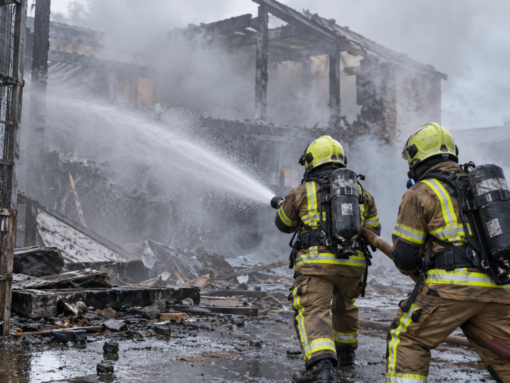 Two firefighters wearing protective clothing, helmets and breathing apparatus tackle a fire using a hose to spray water onto a severely damaged building, surrounded by thick grey smoke, burnt debris and wet ground.