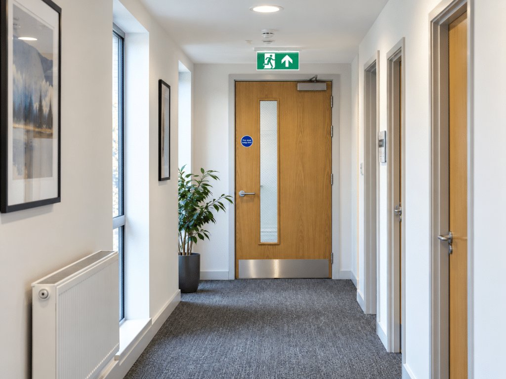 Bright, modern UK building corridor featuring a wooden fire door with a vision panel, overhead door closer and fire safety signage, with a green emergency exit sign directing occupants straight ahead.