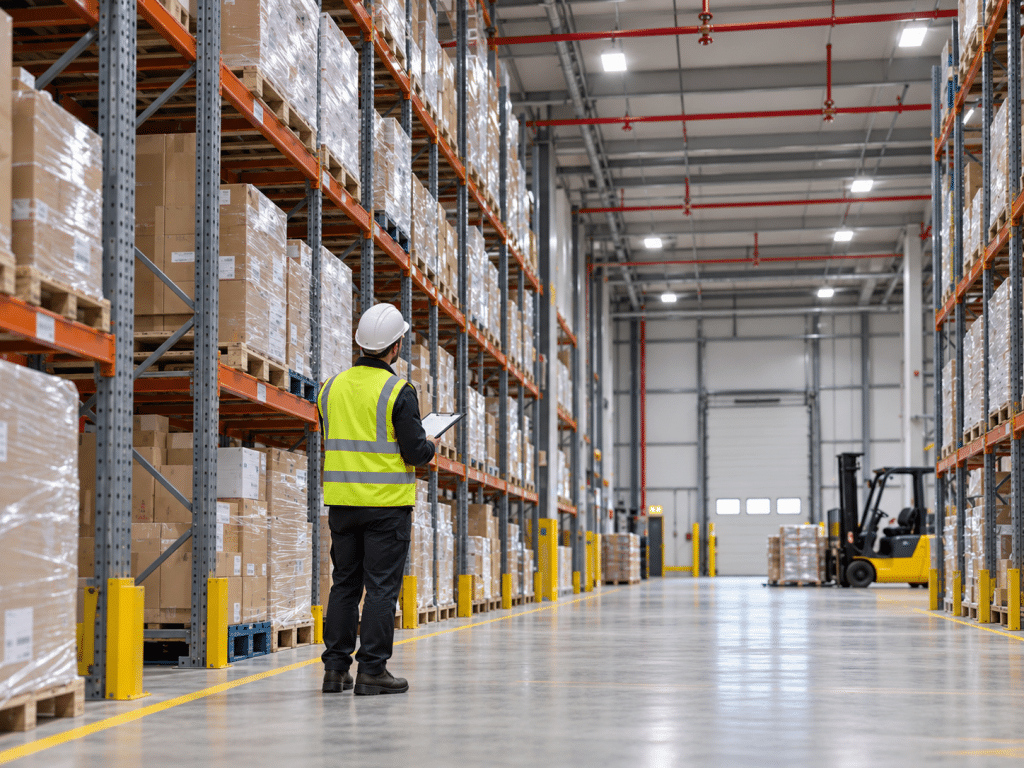 Warehouse safety inspector wearing a high-visibility vest and hard hat, checking pallet racking and stored goods in a modern distribution centre with overhead sprinkler pipework, a forklift and clear warehouse aisles.