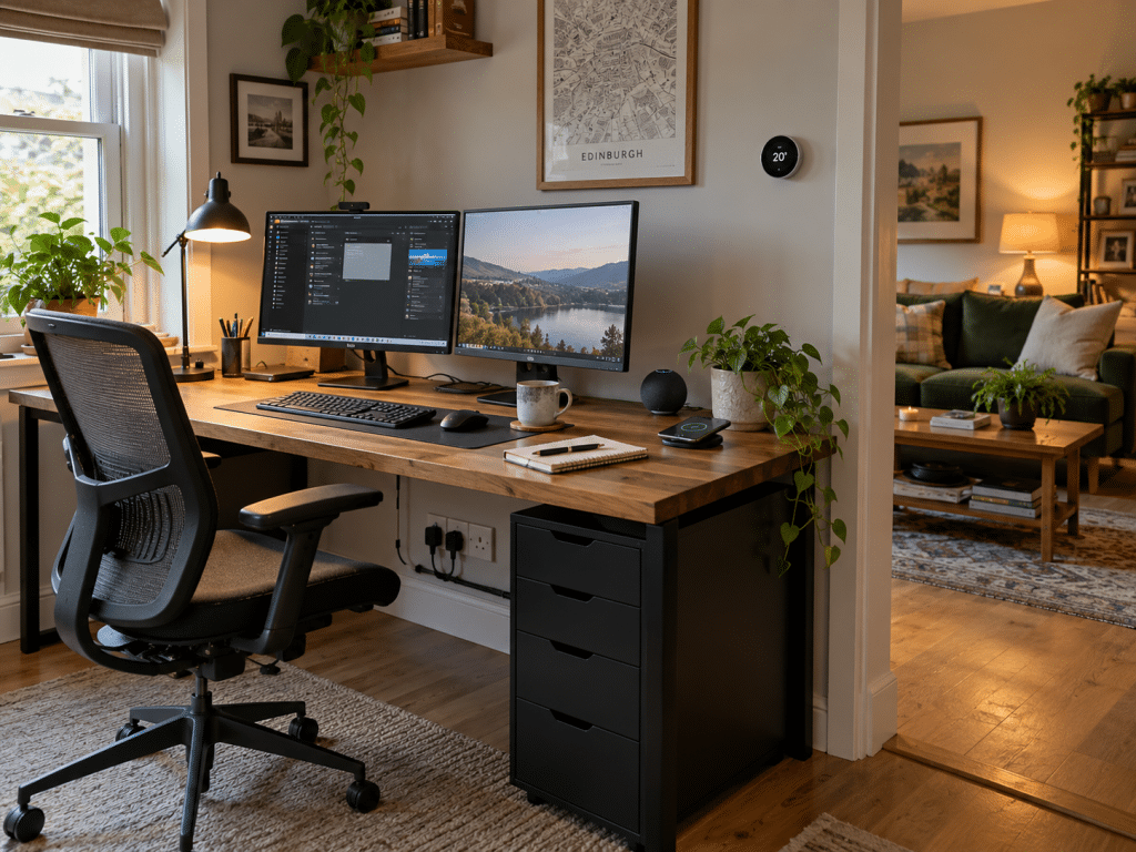 Modern UK home office featuring two computer monitors, a smartphone, smart speaker, thermostat and neatly arranged electrical equipment on a wooden desk, with a cosy living room visible in the background.