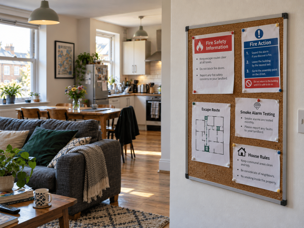 Bright, modern shared living space in a UK rental property, featuring a wall-mounted noticeboard displaying fire safety information, evacuation procedures, smoke alarm guidance and house rules for tenants.