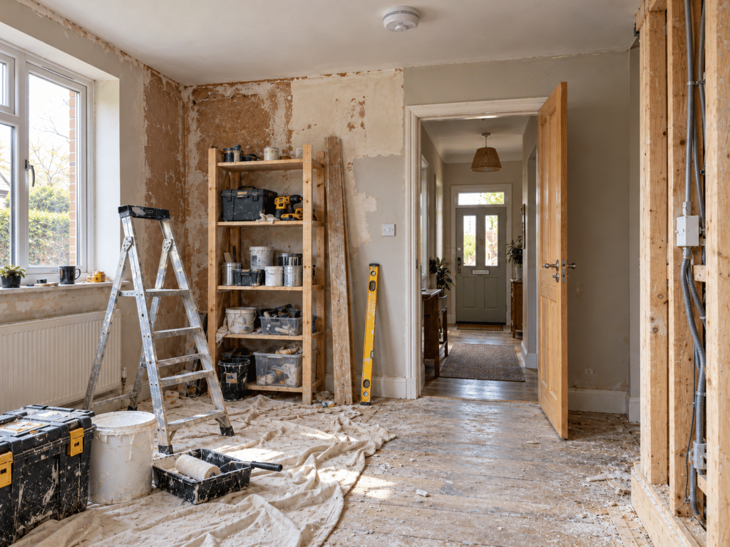 UK home undergoing renovation, featuring stripped plaster walls, exposed timber framing and electrical wiring, a stepladder, decorating tools and building materials scattered across a dust-covered floor.