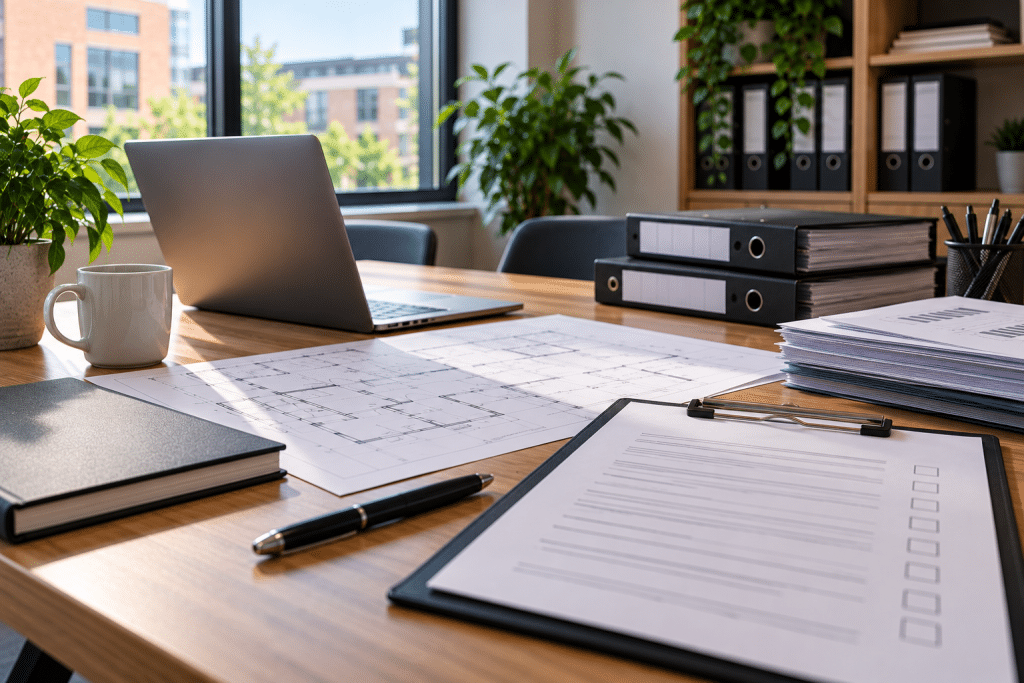Modern office desk featuring a laptop, ring binders, building floor plans and a fire safety assessment checklist on a clipboard, illustrating fire safety legislation, compliance and record-keeping.
