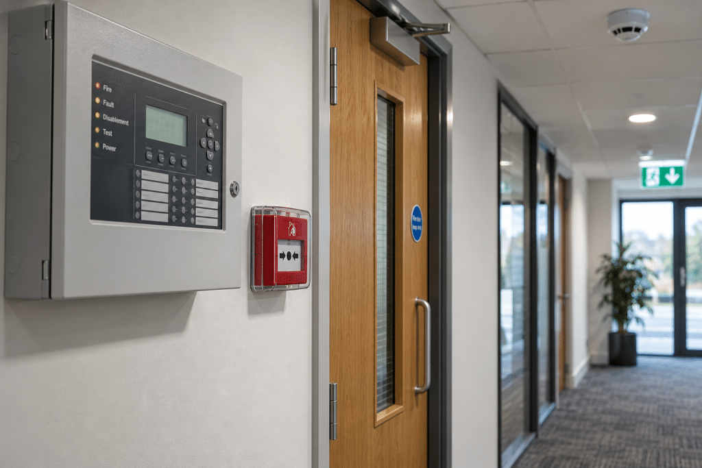 Fire alarm control panel and red manual call point with a protective cover mounted beside a fire door in a modern UK office corridor, illustrating the importance of regular fire safety system maintenance.
