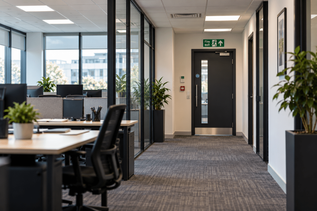 Modern open-plan office with desks, computers, glass partitions and indoor plants, featuring a clear corridor leading to a fire exit door with a green emergency exit sign, illustrating workplace fire safety.