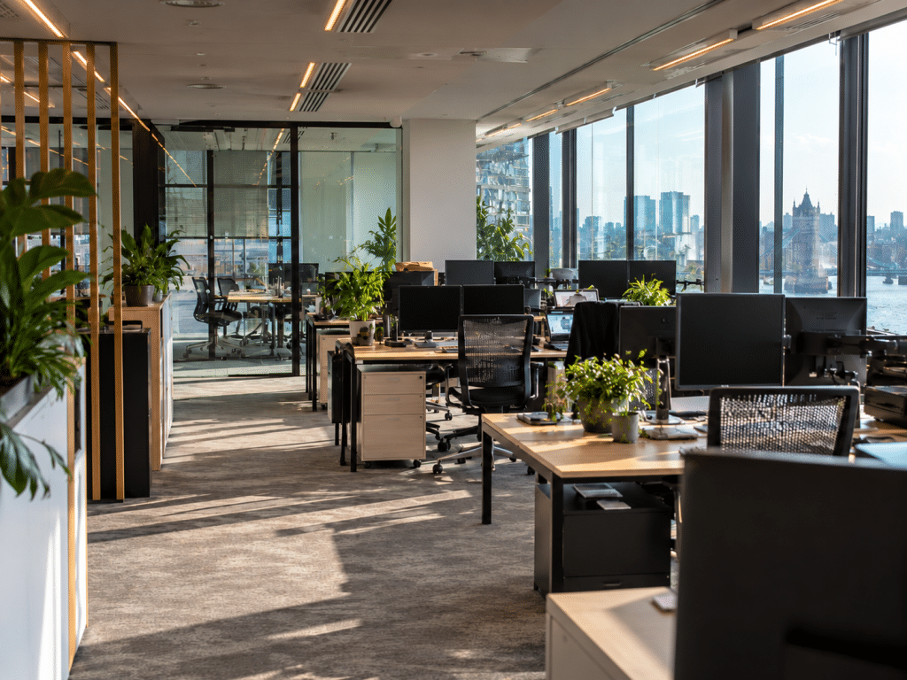 Bright, modern open-plan office featuring desks, computers, office chairs, indoor plants and glass-walled meeting rooms, with natural daylight streaming through large windows overlooking the London skyline.