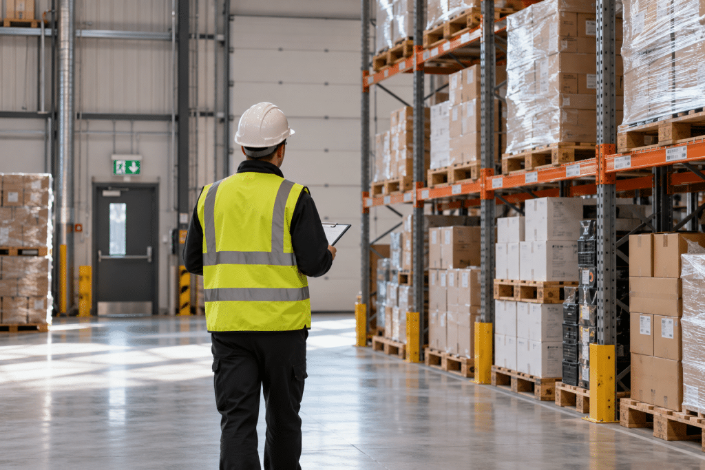 Warehouse fire safety inspector wearing a high-visibility vest and hard hat, viewed from behind while checking storage racks filled with cardboard boxes and pallets, with a clearly marked fire exit in the background.