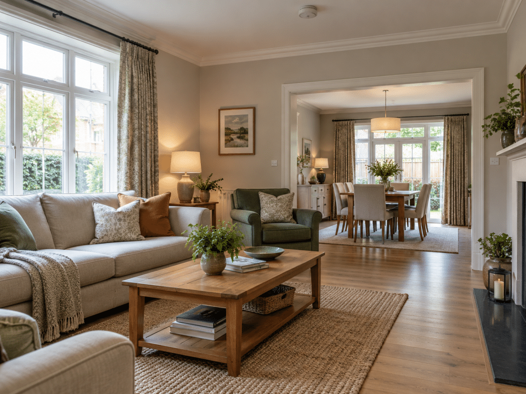 Bright, modern living room with a sofa, armchair, wooden furniture, rugs and curtains, leading into an open-plan dining area, illustrating the impact of furniture and interior design on home fire safety.