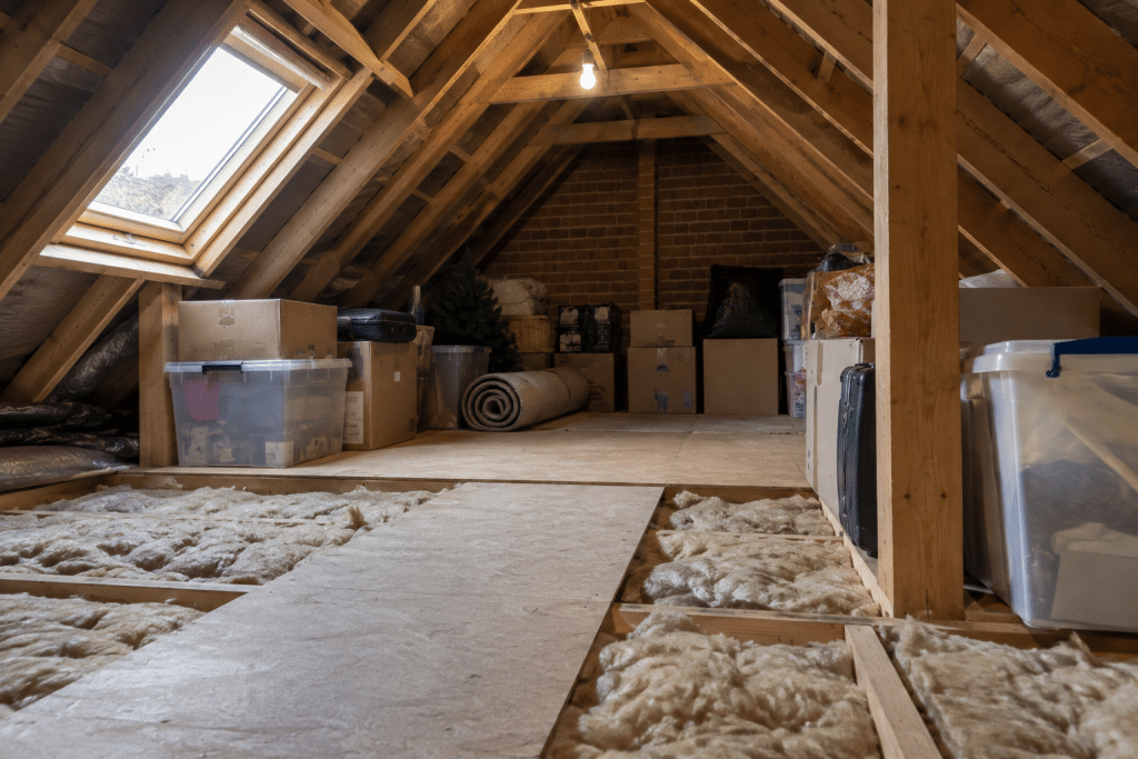 Insulated loft in a UK home with exposed wooden rafters, mineral wool insulation between floor joists, a boarded walkway, skylight and household belongings stored in cardboard boxes and plastic containers.
