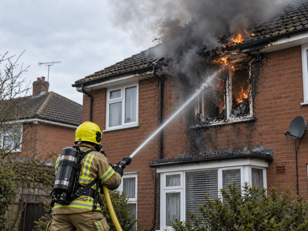A firefighter wearing protective clothing and breathing apparatus sprays water towards flames and thick grey smoke emerging from an upstairs window and roof of a fire-damaged UK brick house.