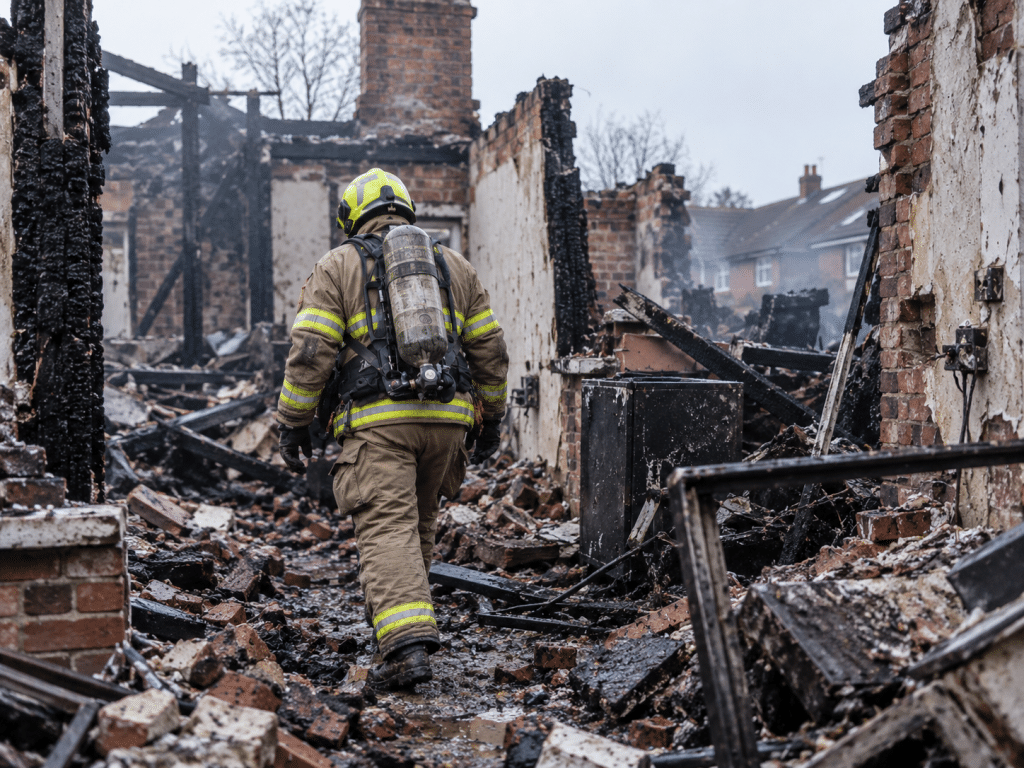 A firefighter wearing protective clothing and breathing apparatus walks through the rubble of a fire-damaged UK building, surrounded by charred timber, collapsed brickwork and debris following a severe fire.