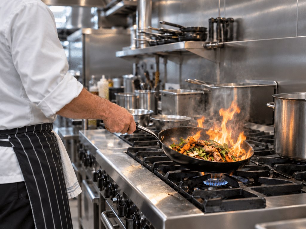 A professional chef cooks meat and vegetables in a frying pan over a gas hob, with small flames rising from the food in a stainless steel commercial restaurant kitchen.