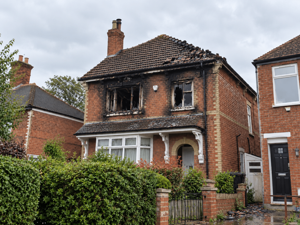 Fire-damaged red-brick house in the UK, showing shattered upstairs windows, soot-blackened walls, damaged roof tiles and debris scattered outside following a residential fire.