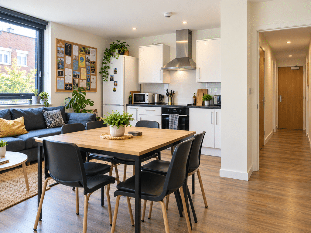 Bright, modern student accommodation featuring an open-plan kitchen, dining and living area with a sofa, wooden table, fitted appliances, smoke alarm and hallway leading to bedroom doors.
