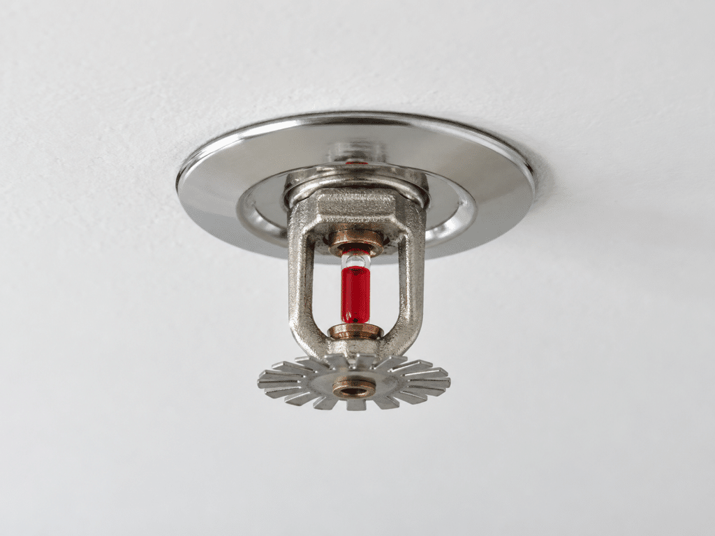 Close-up of a ceiling-mounted fire sprinkler head with a red heat-sensitive glass bulb, metal frame and water deflector, installed in a white ceiling for fire protection.