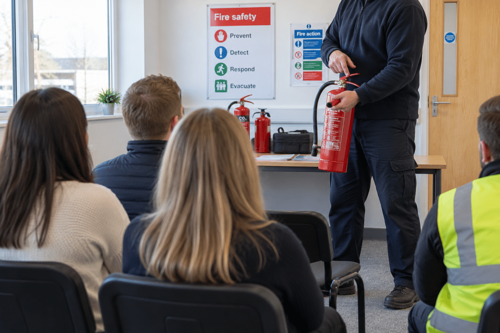 A fire safety instructor demonstrates how to use a fire extinguisher during a workplace training session, with employees seated facing away from the camera and fire safety posters displayed on the walls.
