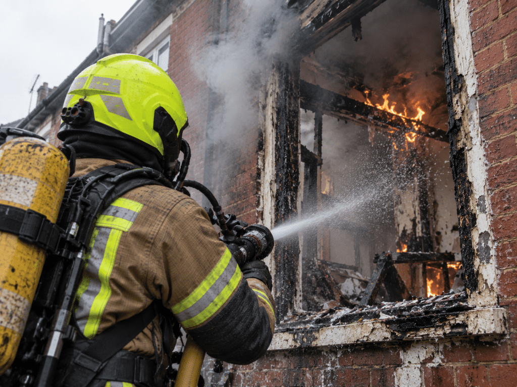 A firefighter wearing protective gear and breathing apparatus uses a hose to extinguish flames inside a fire-damaged UK brick house, with thick grey smoke billowing from a charred window.