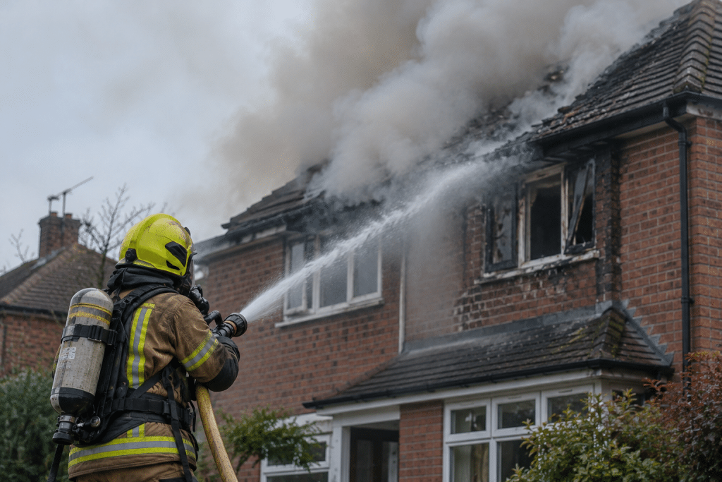 A firefighter wearing protective clothing and breathing apparatus uses a hose to extinguish a house fire in the UK, with thick grey smoke billowing from the roof and fire-damaged upstairs windows.