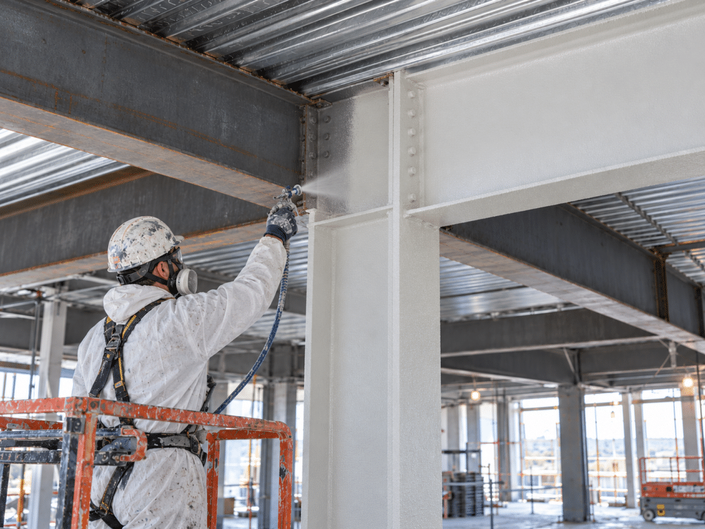 A fire protection specialist wearing protective clothing and a respirator applies white intumescent fire-resistant coating to structural steel beams using spray equipment inside a commercial building under construction.