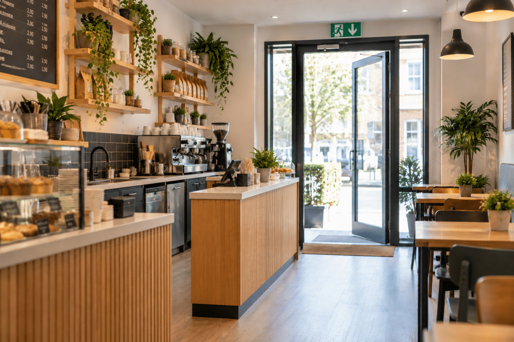 Bright, modern café interior with a coffee machine, wooden service counters, pastry display, customer seating and a clearly marked fire exit, illustrating fire safety in a small business.