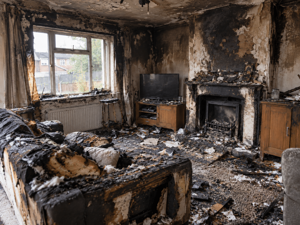 Fire-damaged living room in a UK home, showing a charred sofa, soot-blackened walls and ceiling, damaged fireplace, and debris scattered across the floor following a house fire.