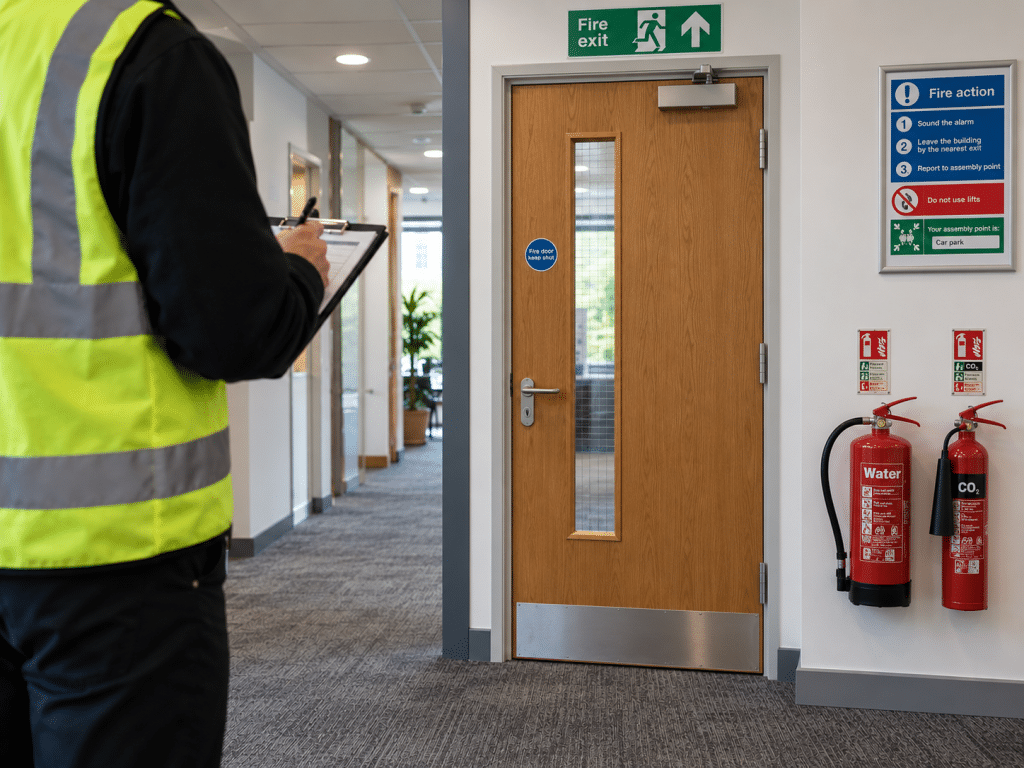 Fire safety inspector reviewing a commercial corridor with a fire door, exit signage, fire action notice, and wall-mounted water and CO₂ extinguishers.