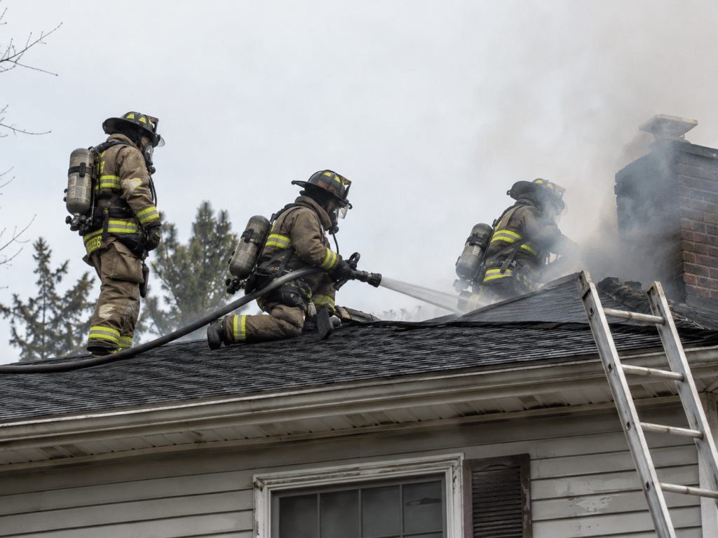 Alt text: **Firefighters in full protective gear work on a house roof beside a ladder, surrounded by smoke as they respond to a rooftop fire.**