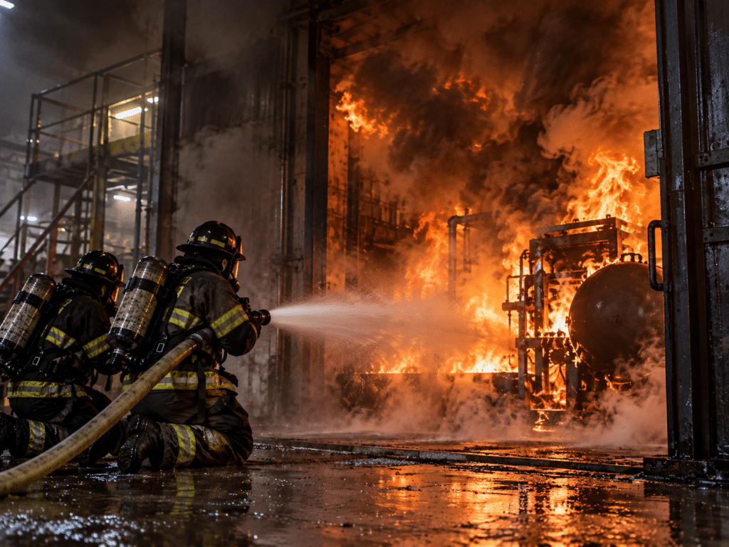 Two firefighters in breathing apparatus use a hose to tackle a large industrial fire, surrounded by flames, smoke and water spray.