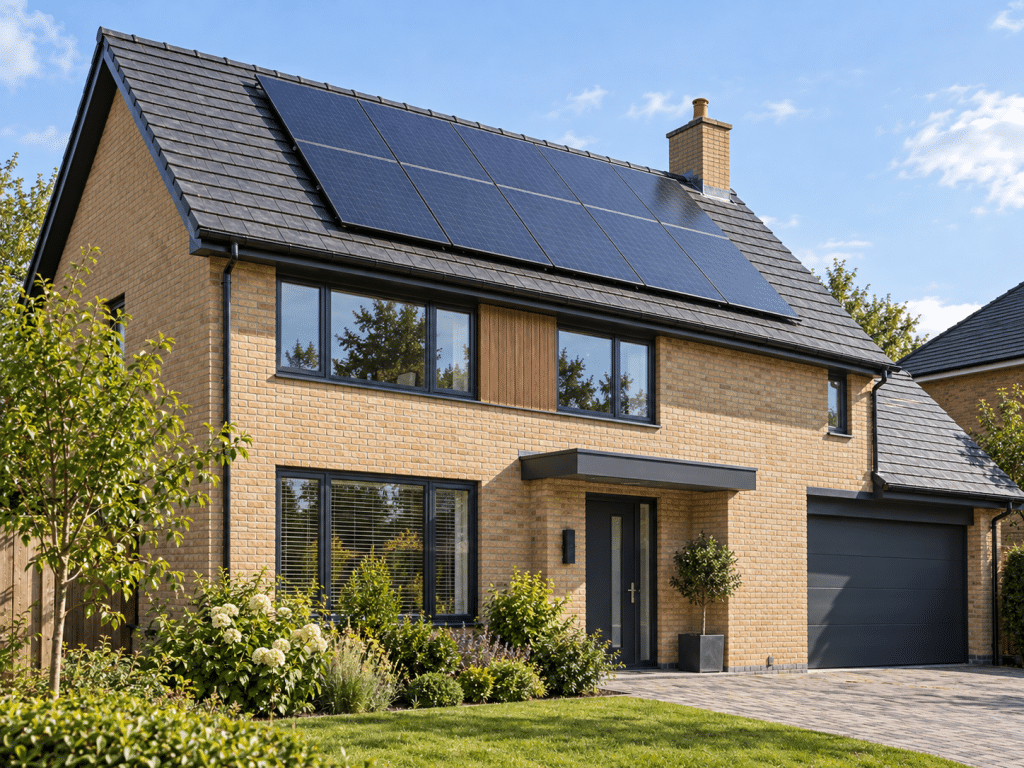 Modern detached house with rooftop solar panels, landscaped garden and contemporary energy-efficient design under a clear blue sky.