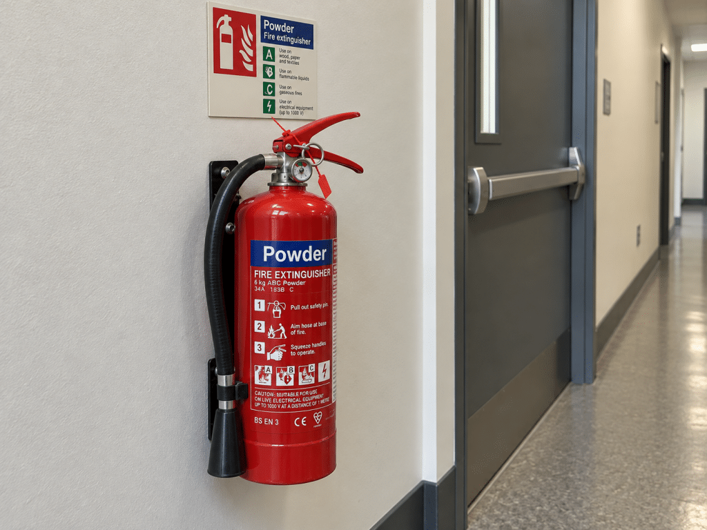 Wall-mounted powder fire extinguisher with blue identification label, pressure gauge and instruction signage beside a corridor fire door.