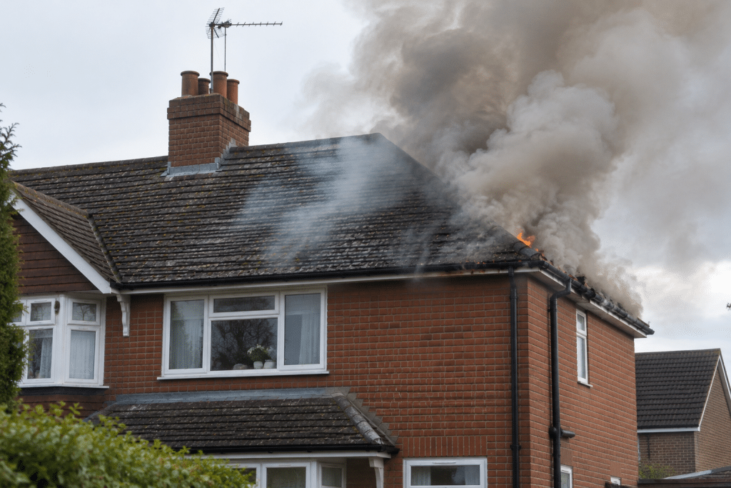 Thick grey smoke billowing from the roof of a red-brick UK house, with small flames visible near the roof tiles as a fire begins to spread.