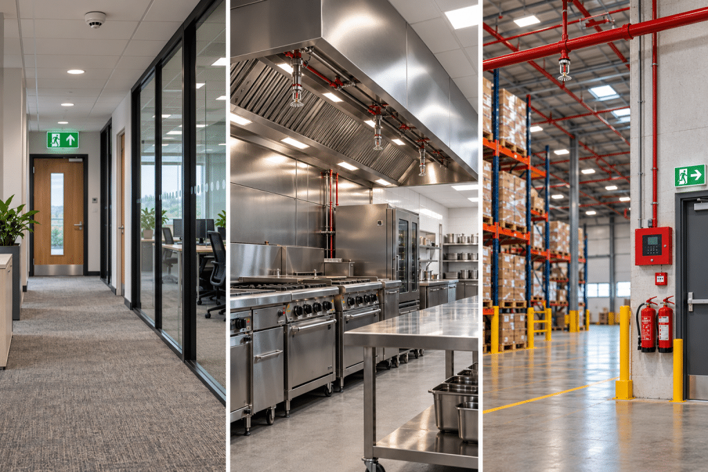 Three-panel image showing fire safety measures in an office corridor, commercial kitchen and warehouse, including exit signage, suppression systems, sprinklers, alarms and fire extinguishers.