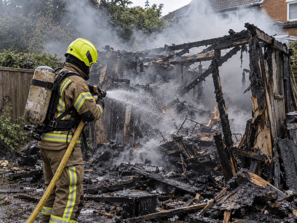Firefighter using a hose to extinguish a smouldering, fire-damaged garden shed surrounded by charred timber and smoke.