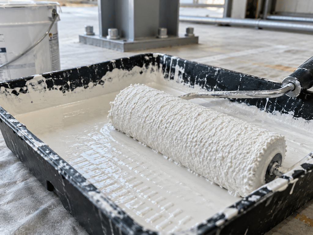 Paint roller resting in a tray filled with white intumescent coating on a construction site.