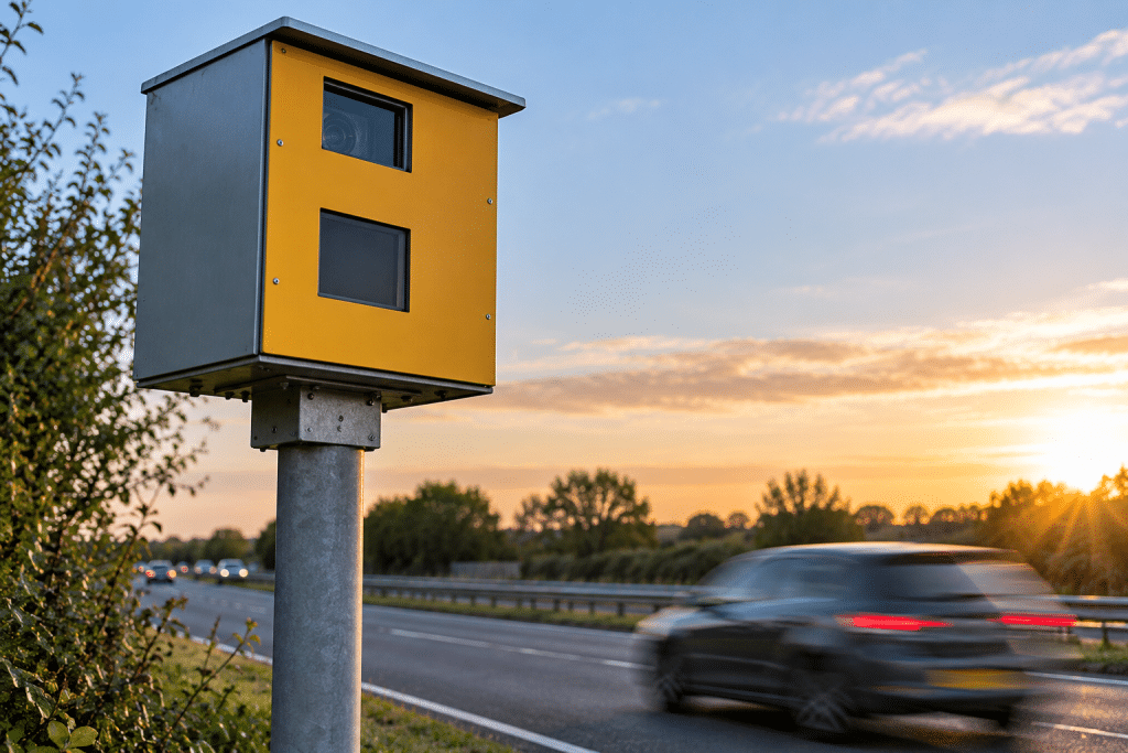 Yellow roadside speed camera mounted on a metal pole beside a busy road, with passing traffic and a sunset in the background.