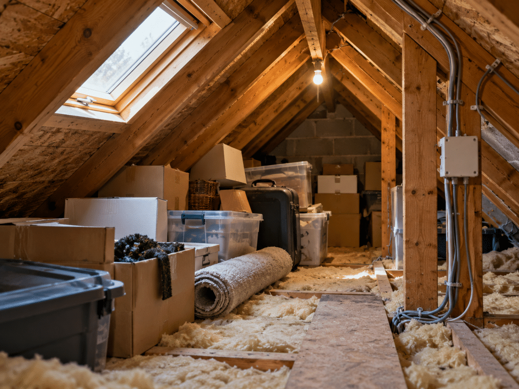 Cluttered attic containing cardboard boxes, stored belongings, exposed timber framing, insulation and electrical wiring, highlighting common fire risks in loft spaces.