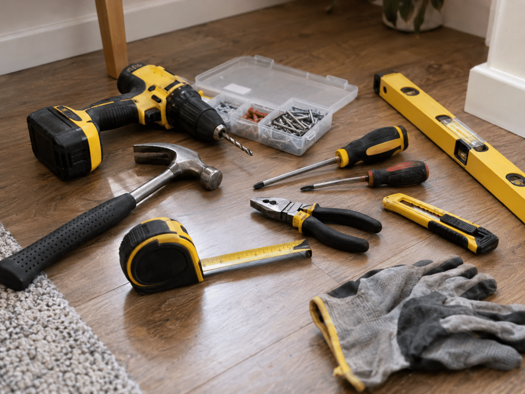 Assorted DIY tools, including a cordless drill, hammer, screwdrivers, pliers, spirit level and tape measure, arranged on a wooden floor.