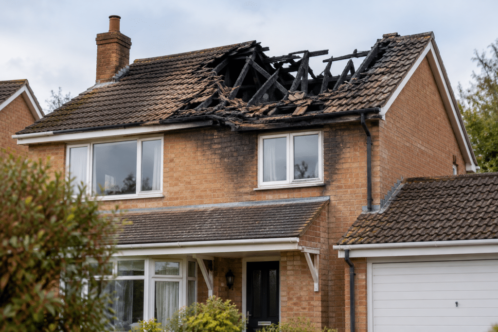 Suburban brick house with severe fire damage to the roof, exposing charred timbers and missing tiles above the upper floor.