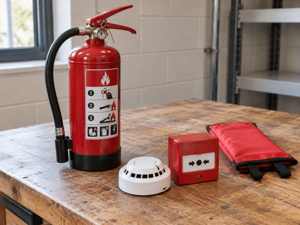 Fire safety equipment arranged on a workshop table, including a fire extinguisher, smoke detector, manual call point and folded fire blanket.