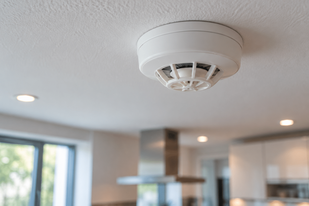 Ceiling-mounted heat detector in a modern kitchen, positioned above the room to provide early warning of excessive heat.